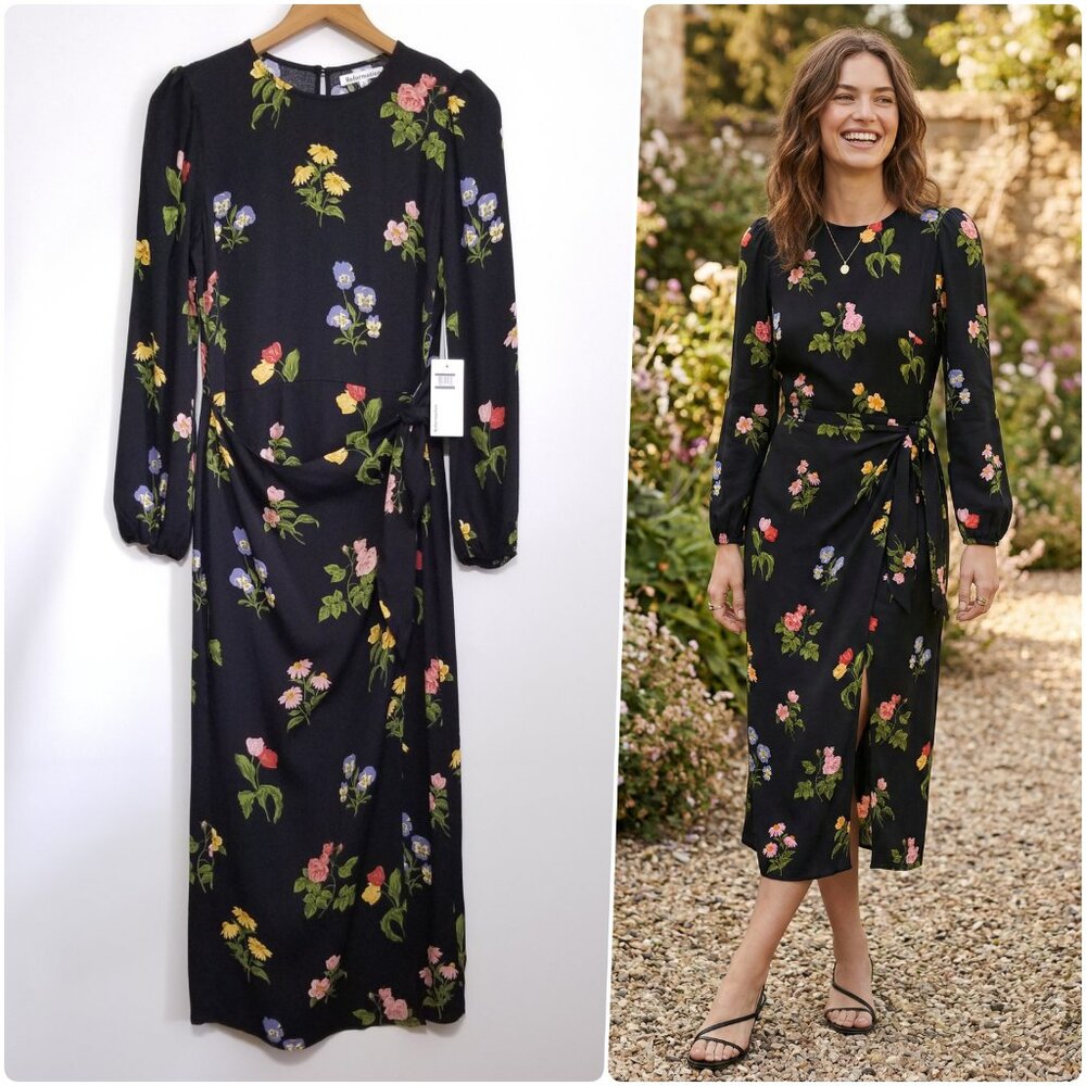 NWT Reformation Reza Floral Wrap Midi Dress in Night Bloom Black Size 4, 6 $278